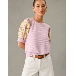 Anthropologie Porridge Puff Sleeve Floral TextureD Top Blouse Boho Size XXS